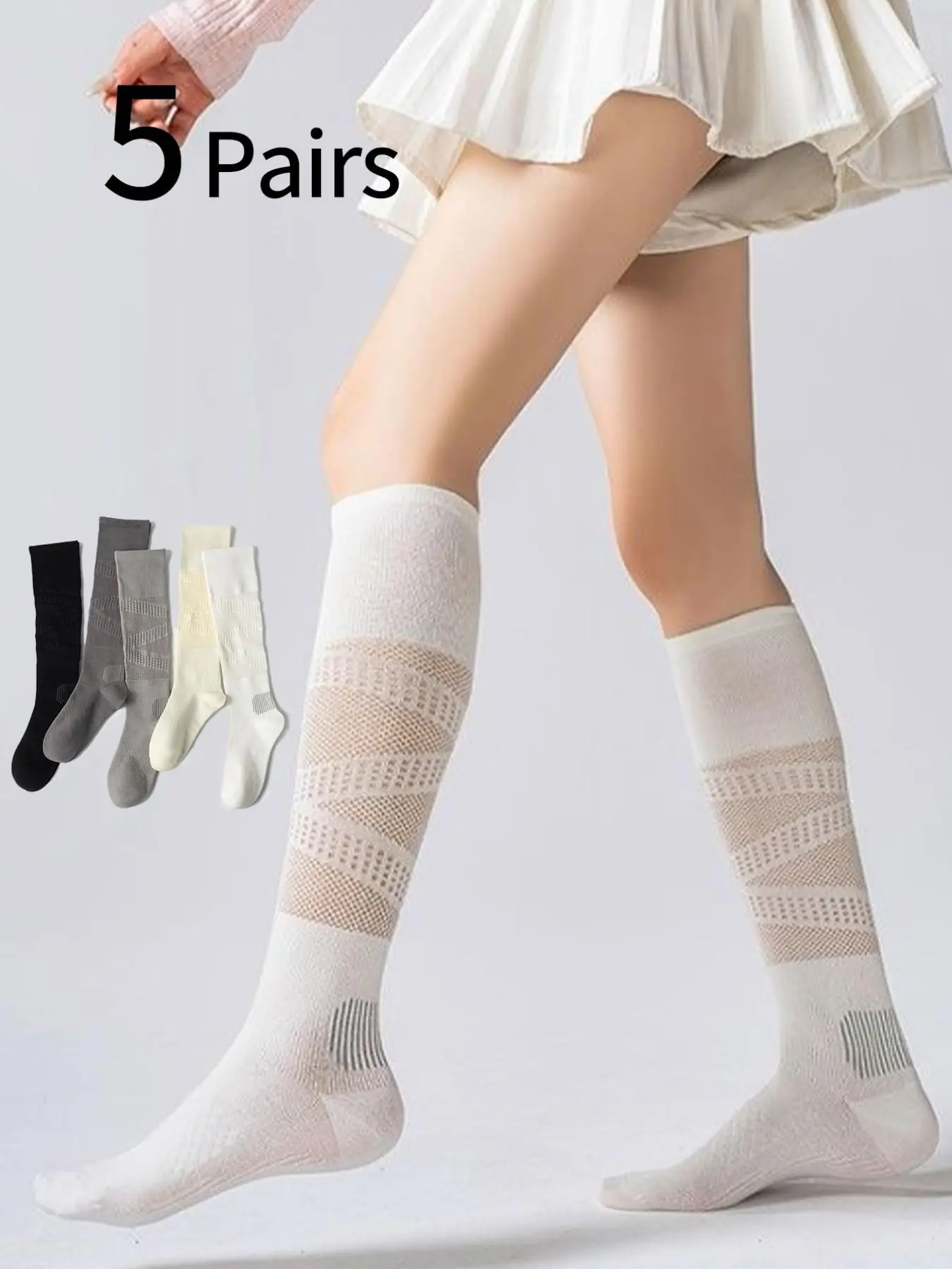 Sports Socks - 5足組 レディース スポーツソックス、アスレチックソックス、ワークアウトソックス、プロ仕様の圧縮カーフソックス、夏用超薄型メッシュ通気性、サイクリング、ランニング、バドミントン、テニスソックス