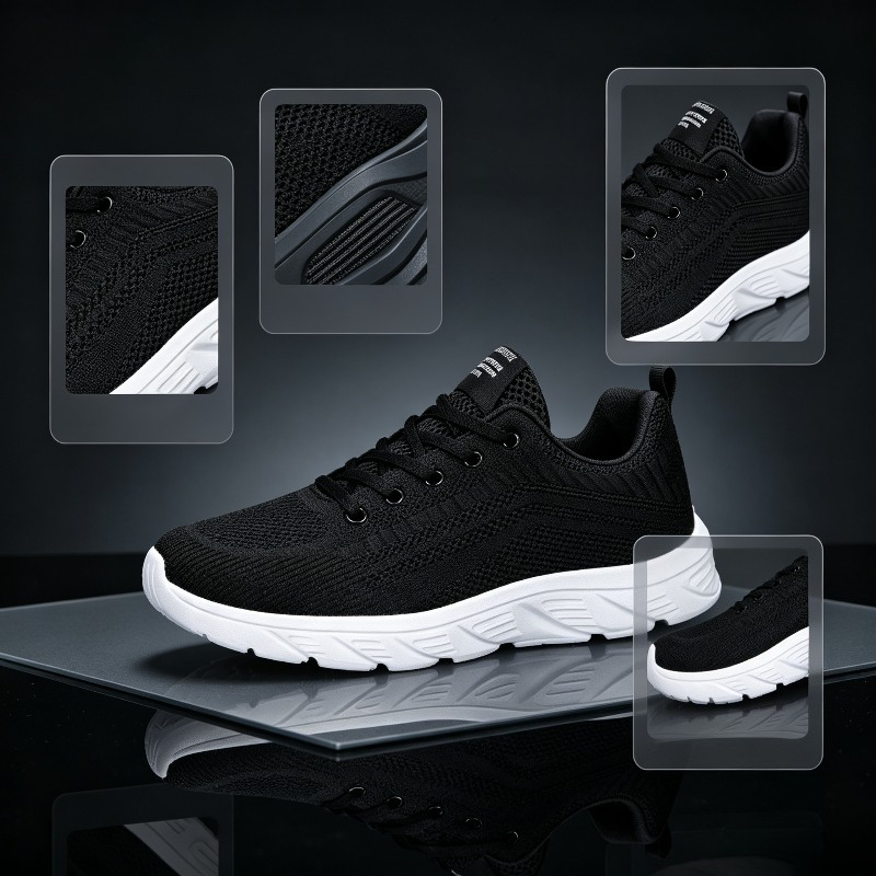 Running Shoes Men - 通気性のあるニット素材のスニーカー。白、厚底、シューレース付き、軽量、ランニングシューズ。滑りにくく、柔らかい素材で、ジムでの使用にも適したカジュアルなスポーツシューズ。