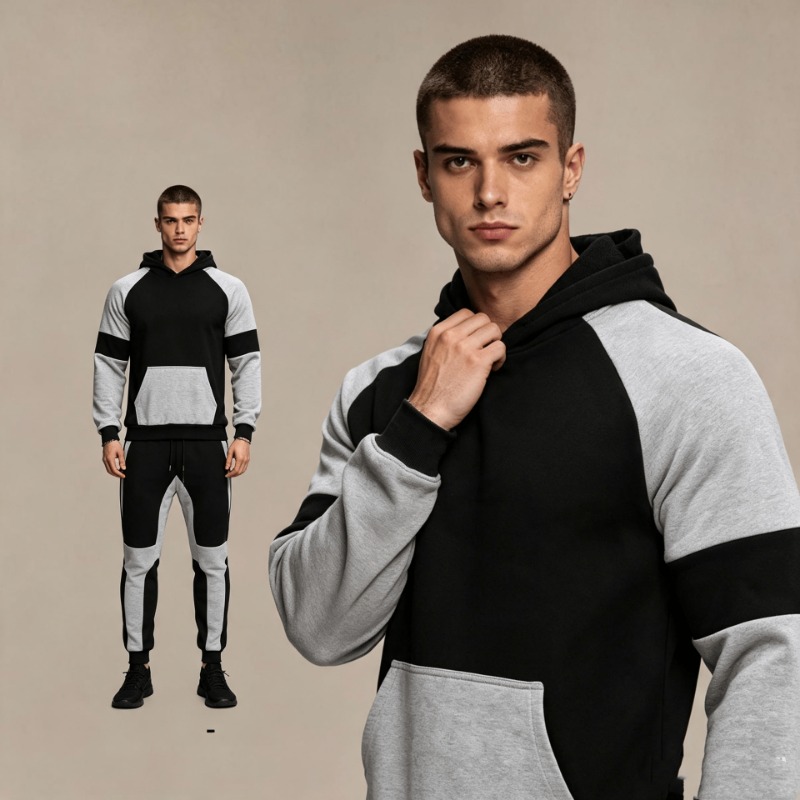Joggers Pants - メンズカラーブロックフーディーとジョガーパンツセット 長袖ドローストリングカジュアルスポーツツーピースセット