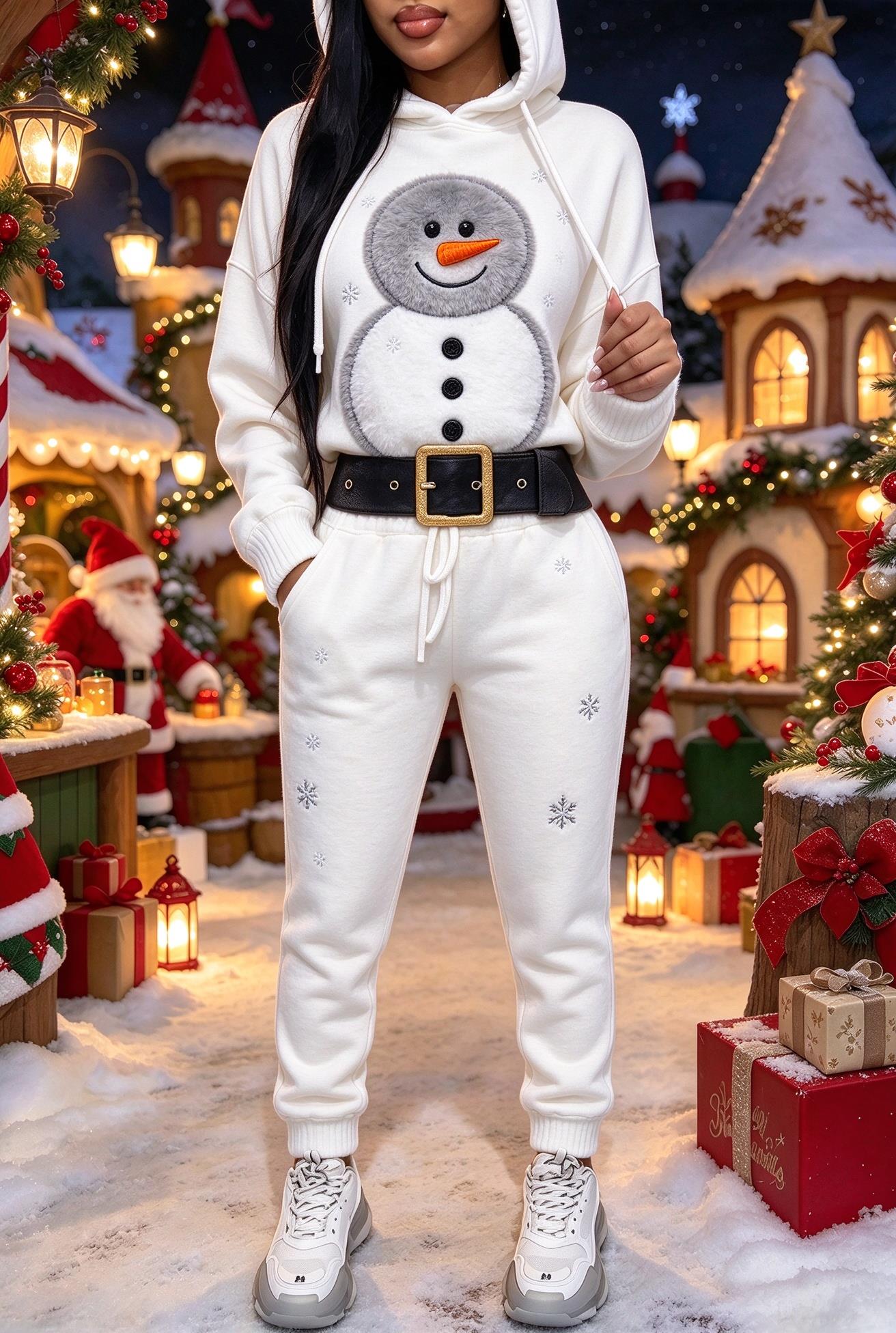 女性用クリスマス柄フェイクファー2点セット、パーカー＋ジョガ - Joggers Pants のレビューと価格